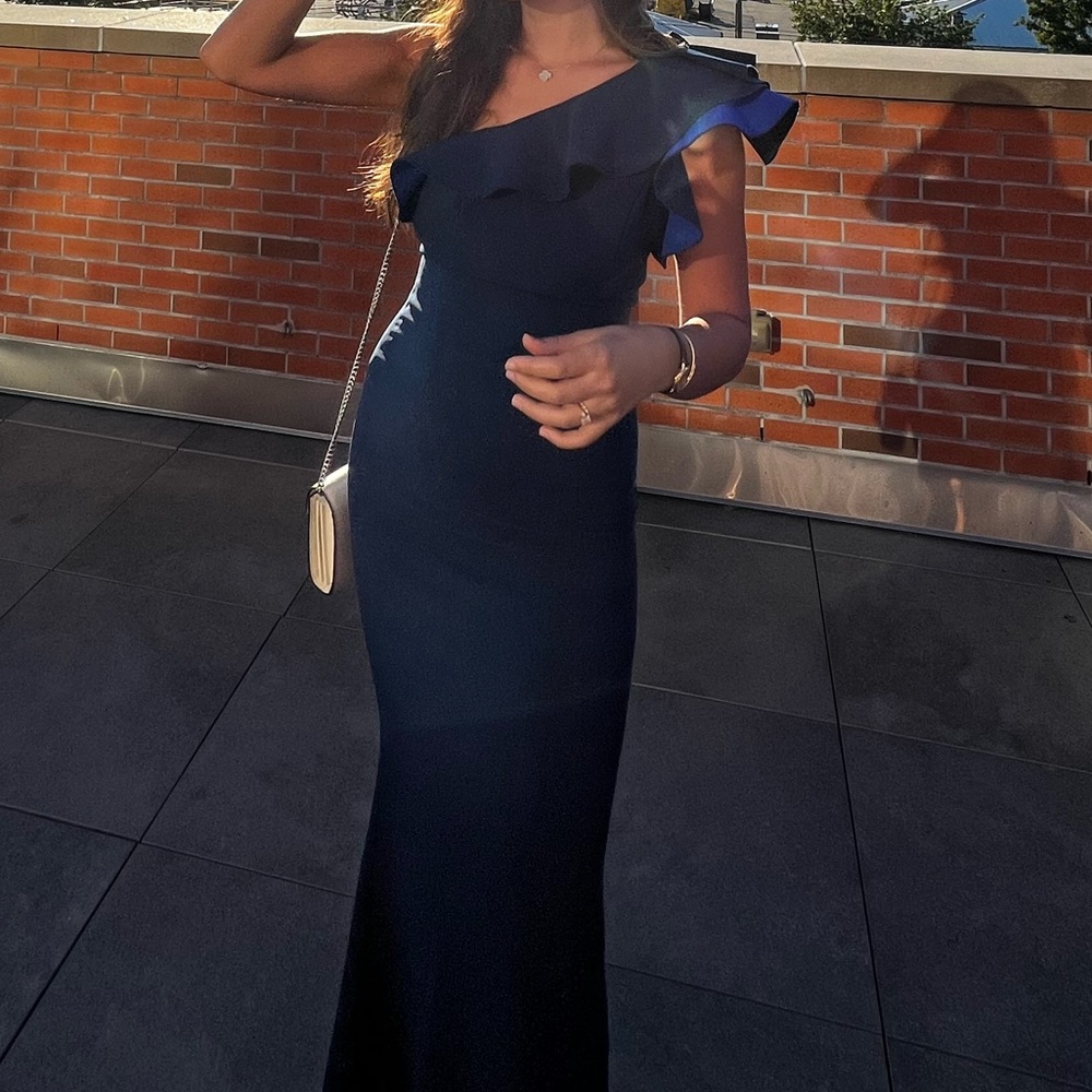 One shoulder structural wedding guest dress ruffle